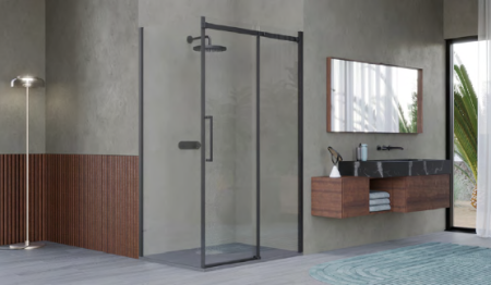 Box Doccia 2 lati 100x160 cm SENZA TELAIO H200 cm da 8mm: lato fisso + porta scorrevole FIORE Nero Opaco
