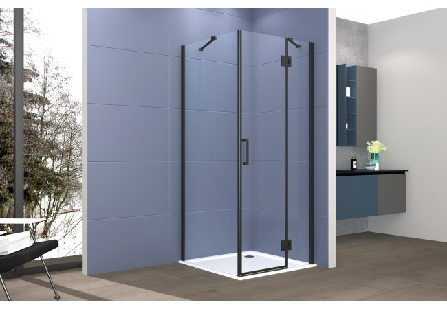 Box doccia 2 lati 100x80 cm fisso + porta un battente H200 cm cristallo 6mm profilo Nero Opaco PIPPO