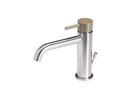 Rubinetto miscelatore per lavabo in acciaio inox Tubico Colorado con scarico e maniglia colorata T20010 Deserto