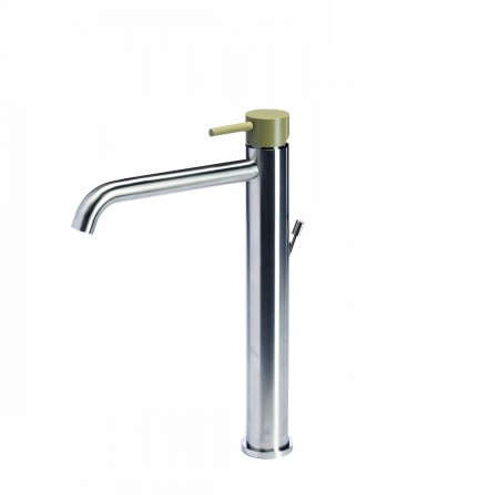 Rubinetto miscelatore alto per lavabo in acciaio inox Tubico Colorado con scarico e maniglia colorata T20020 Ulivo